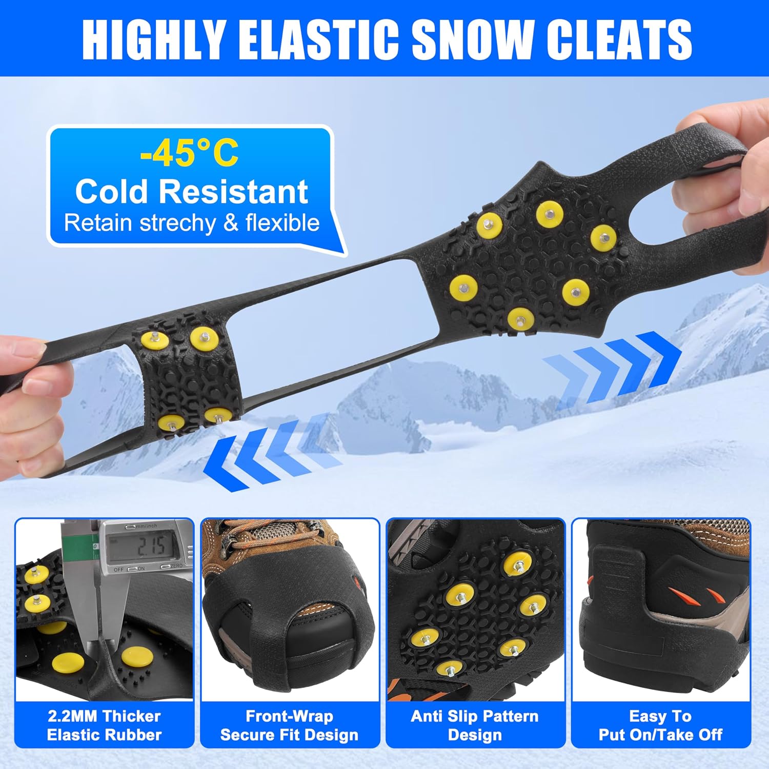 Ice Cleats Snow Traction Cleats for Shoes and Boots,10-Studs Anti-Slip Ice Grippers Rubber Crampons Cleats for Walking on Snow and Ice Slip-on Stretch Overshoe Footwear