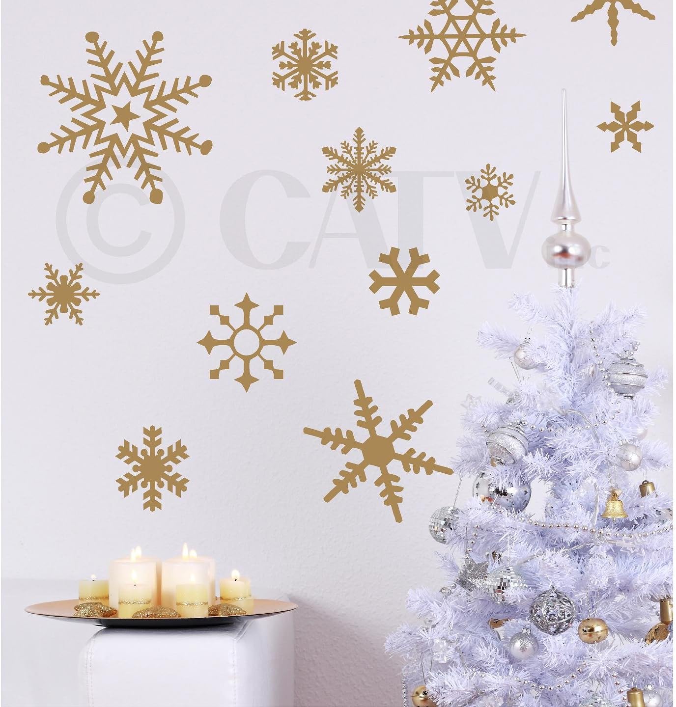 Large Snowflakes Set of 12 Wall Saying Vinyl Lettering Decal Home Decor Art Quote Sticker (Gold)