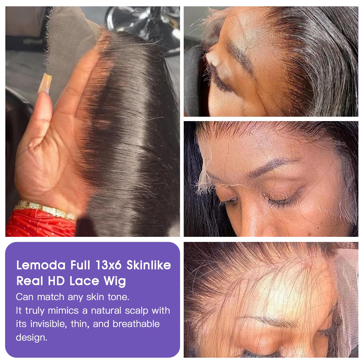 Lemoda Full 13x6 SKINLIKE Real HD Lace Frontal Wigs 28Inch 15A Brazilian Straight Virgin Human Hair Lace Frontal Wigs 200% Invisible 0.1mm Ultra-thin Frayed Ends Lace Front Wig Pre Plucked Tiny Knots