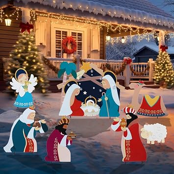 WONDER GARDEN Christmas Metal Yard Stakes, 7 Pack Angel Nativity Yard Sign, Outdoor Nativity Scene Garden Stakes Yard Signs, Outdoor Christmas Decorations for Lawn Party Outside