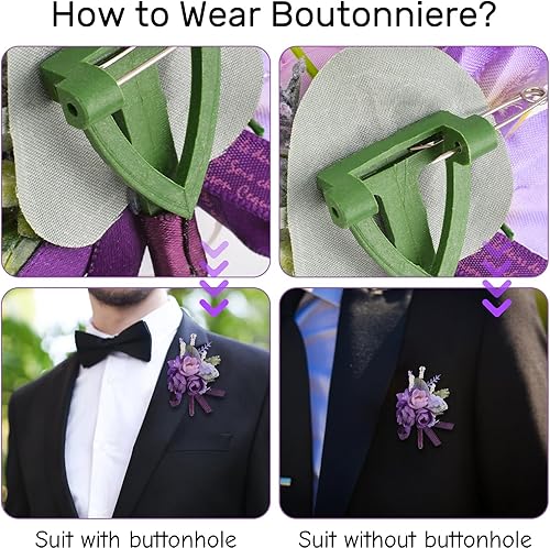 Miniatura 5 de URROMA 6 piezas de flores artificiales para boda, ramillete de simulación de rosas pequeñas moradas, accesorios de flores artificiales para novia,