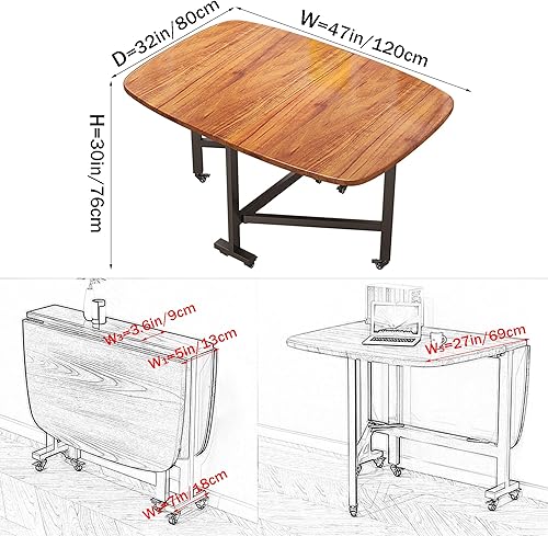 Miniatura 3 de Mesa multifunción con hojas caídas, mesa de cocina plegable de madera maciza de 47 pulgadas con 6 ruedas (marrón)