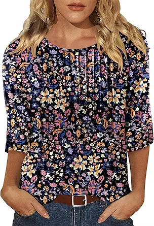KISSMODA Tunic Tops for Women Loose Fit Dressy Round Neck Pleated 3/4 Length Sleeve Spring Tops