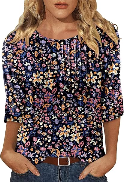 KISSMODA Tunic Tops for Women Loose Fit Dressy Round Neck Pleated 3/4 Length Sleeve Spring Tops