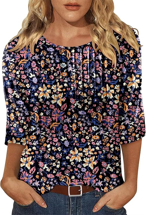 KISSMODA Tunic Tops for Women Loose Fit Dressy Round Neck Pleated 3/4 Length Sleeve Spring Tops