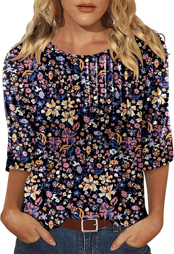 KISSMODA Tunic Tops for Women Loose Fit Dressy Round Neck Pleated 3/4 Length Sleeve Spring Tops
