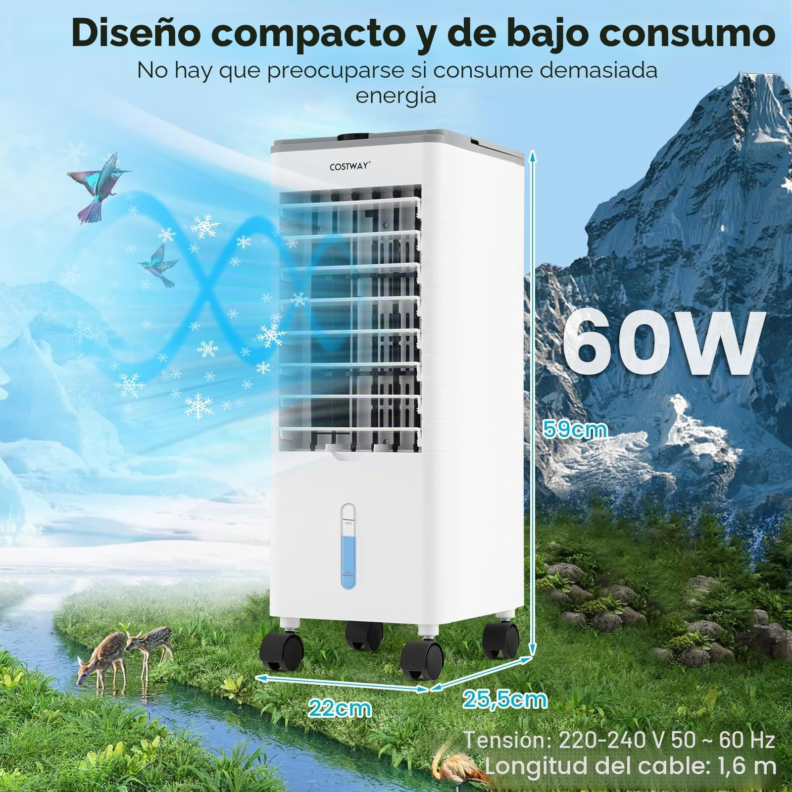 COSTWAY - Refrigerador de aire silencioso 4 en 1, aire acondicionado móvil sin evacuación 60 W, temporizador 12 h, ventilador, humidificador, bajo consumo (gris)