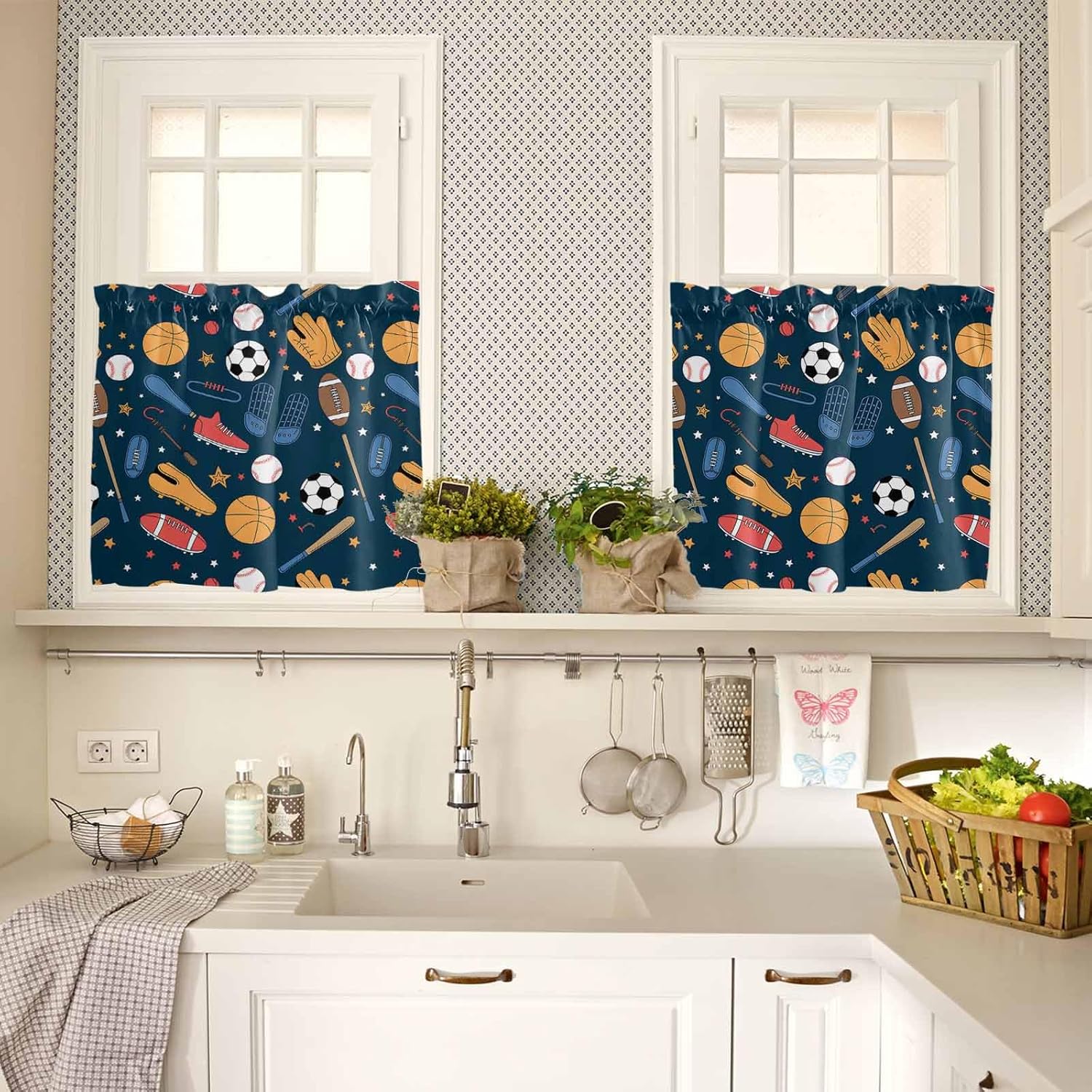 Kitchen Curtain 24 Inch Length, Sport Blue Graffiti Art, Small Short Cafe Tiers Curtains Drape, 2 Panels Window Treatment Rod Pocket Drapery Curtains 55x24