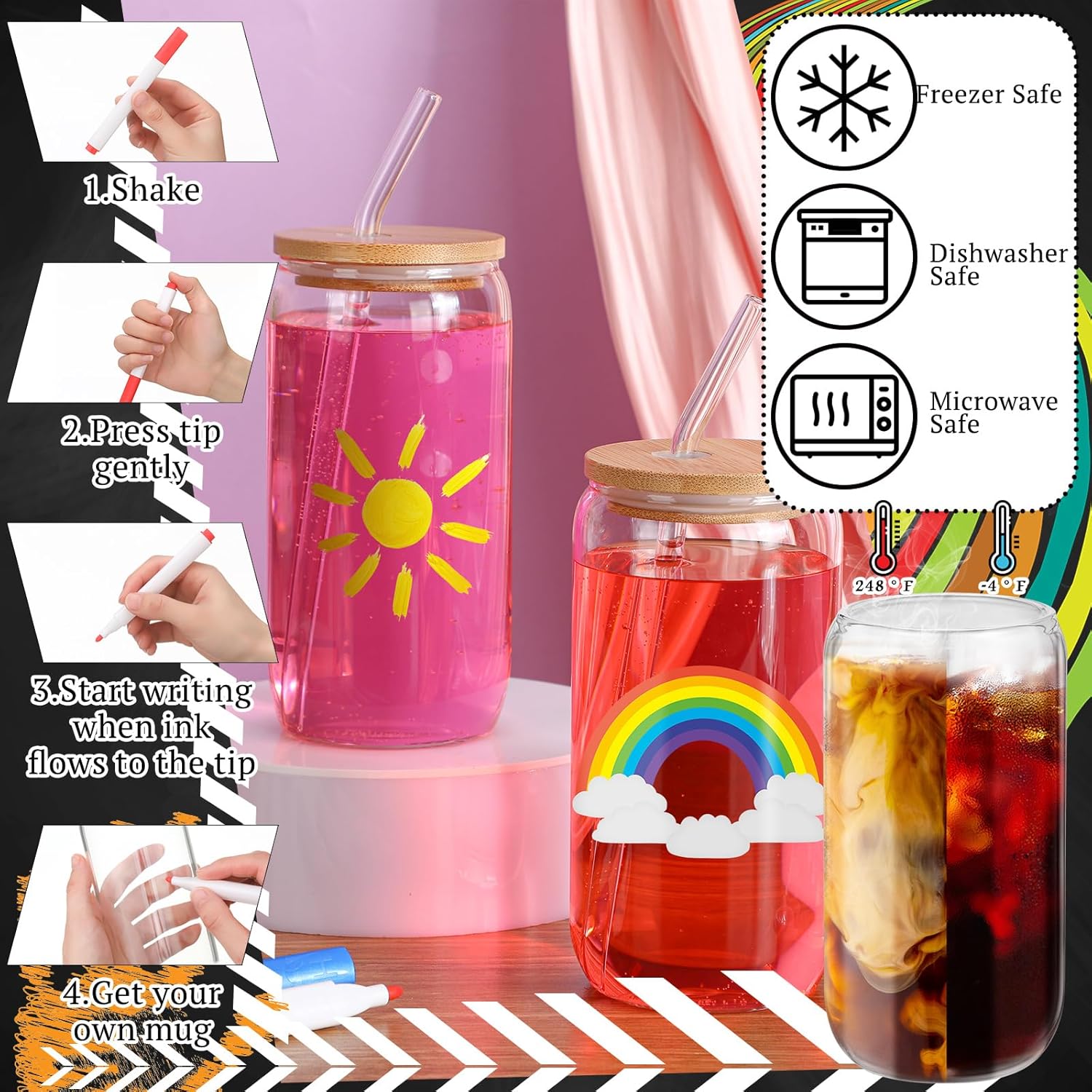 Pickmesh 6 Set Glass Painting Kit for Valentines Day Gifts Adult 16 oz Glass Tumbler with Lids and Straws 12 Markers 12 Colors Acrylic Pain with Brushes to Design Your Own Wine Glasses Gifts