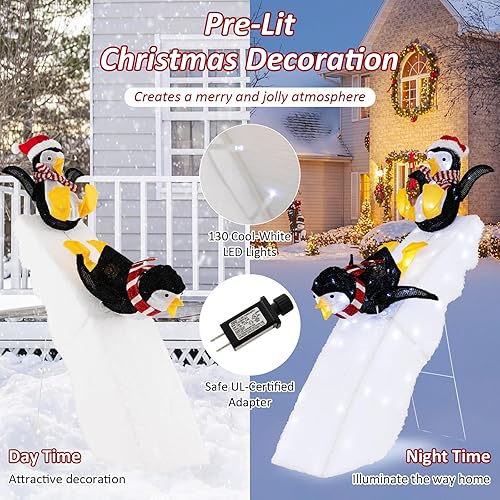 Miniatura 5 de Tangkula Decoración de escena de pingüino de Navidad iluminada de 4 pies, 2 pingüinos deslizantes y tobogán nevado, pingüino de Navidad preiluminado