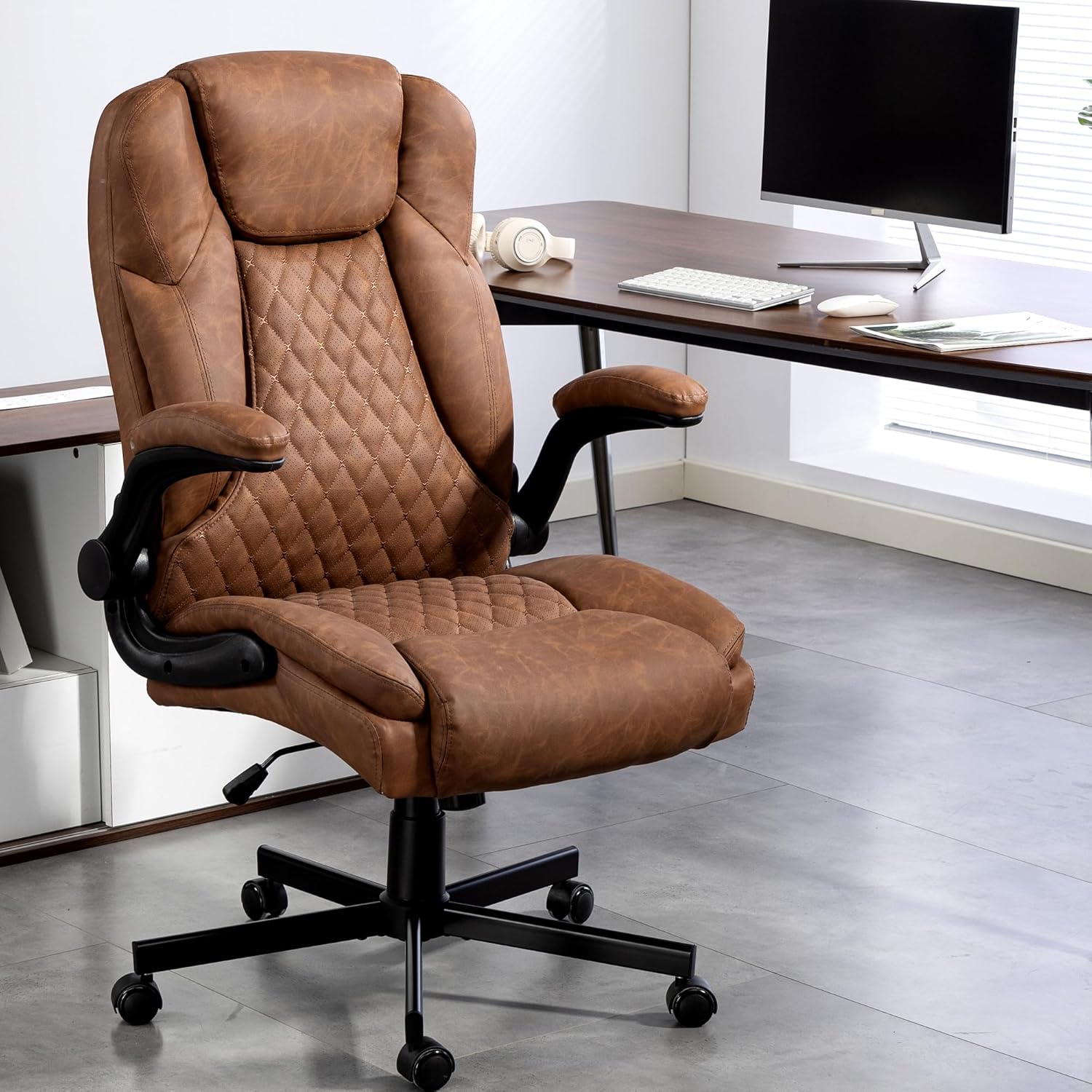 Big and Tall Heavy Duty Office Chair with Flip Up Arms – 450LBS Ergonomic Executive Home Desk Chair w/Wide Seat, High Back PU Leather, Adjustable Height & Rocking Function, Brown product image