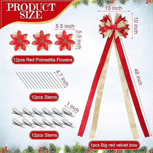 Miniatura 4 de Lazo para la decoración del árbol de Navidad de 10 x 13 pulgadas y 12 piezas de flores de Pascua artificiales doradas y rojas de 5.5 pulgadas, juego
