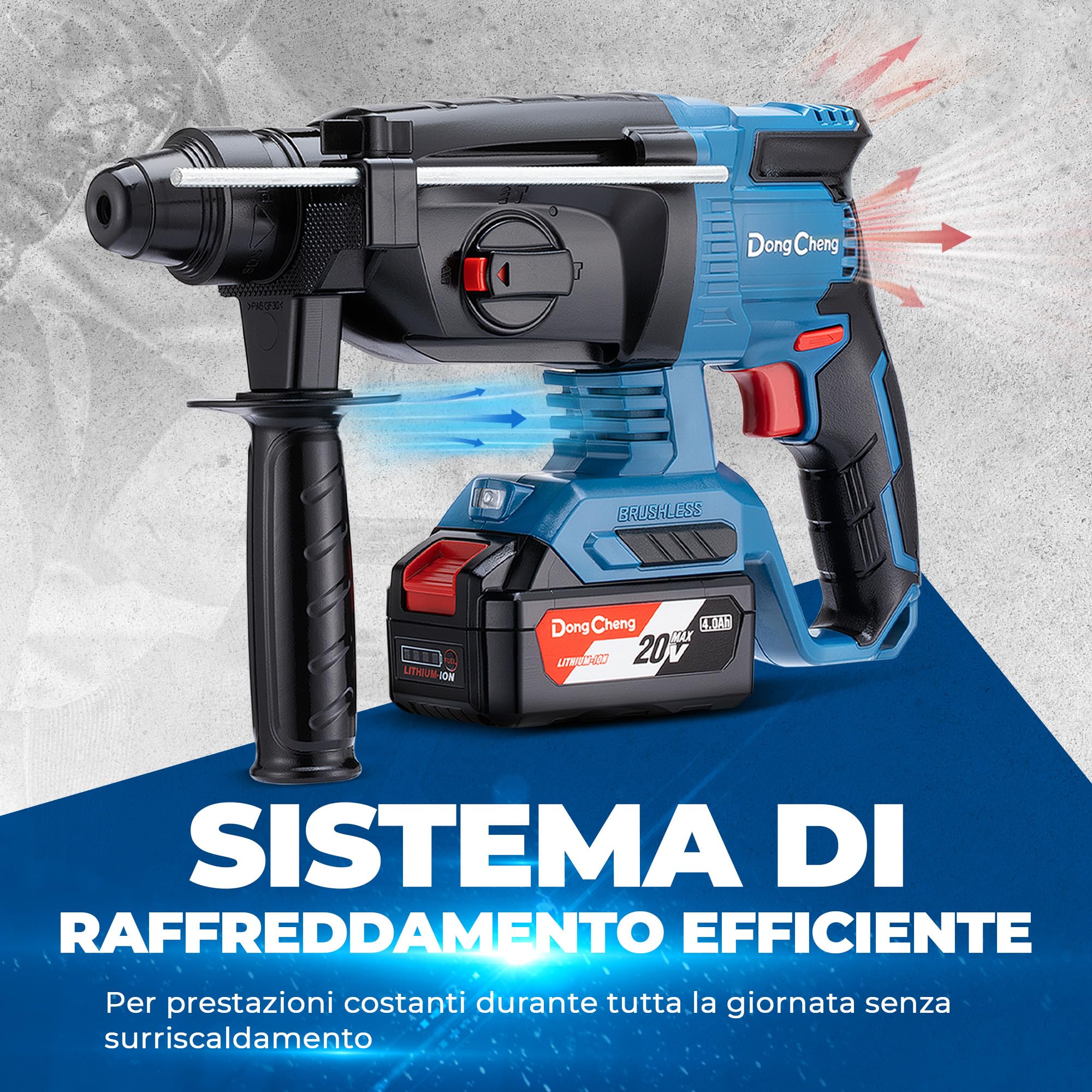 DongCheng Tassellatore a Batteria 18V, Perforatore Senza Spazzole 2.8J, 4 Punte SDS-Plus, Foratura 28mm, Anti-Vibrazione, Kit con Batteria 4Ah e Caricabatterie in Valigetta