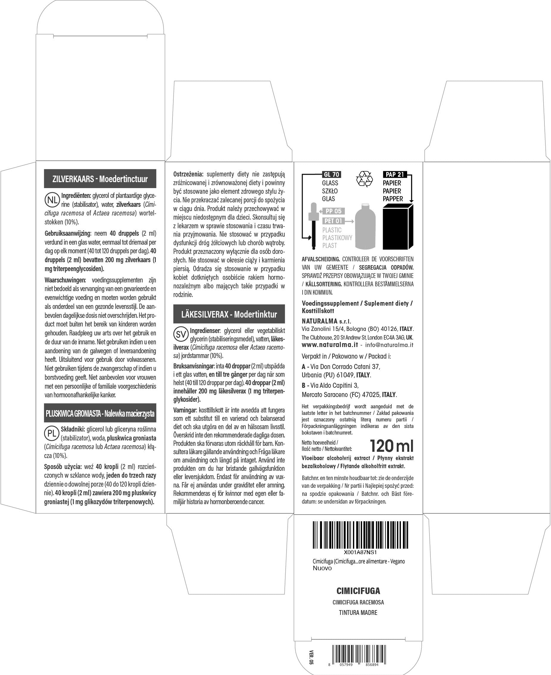 Cimicifuga (Cimicifuga racemosa o Actaea racemosa) rizomi Tintura Madre analcoolica Naturalma - Estratto liquido gocce 120 ml - Integratore alimentare - Vegano