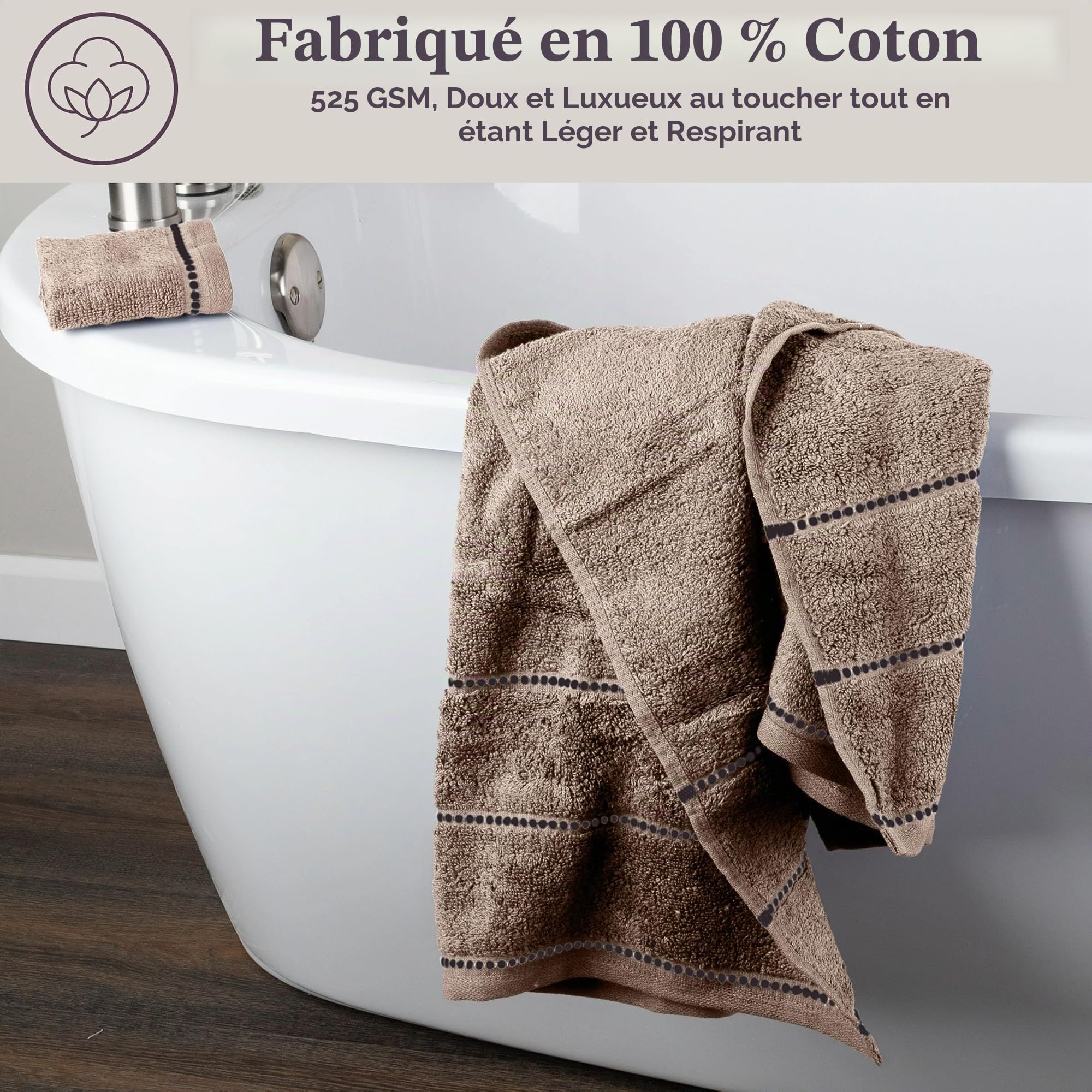 Lavish Home Lot de 6 Serviettes de Luxe en Coton Doux à séchage Rapide, zéro Torsion et 2 Serviettes de Toilette avec 2 Serviettes de Bain, 2 essuie-Mains et 2 débarbouillettes (Taupe/Noir) 30,5 x