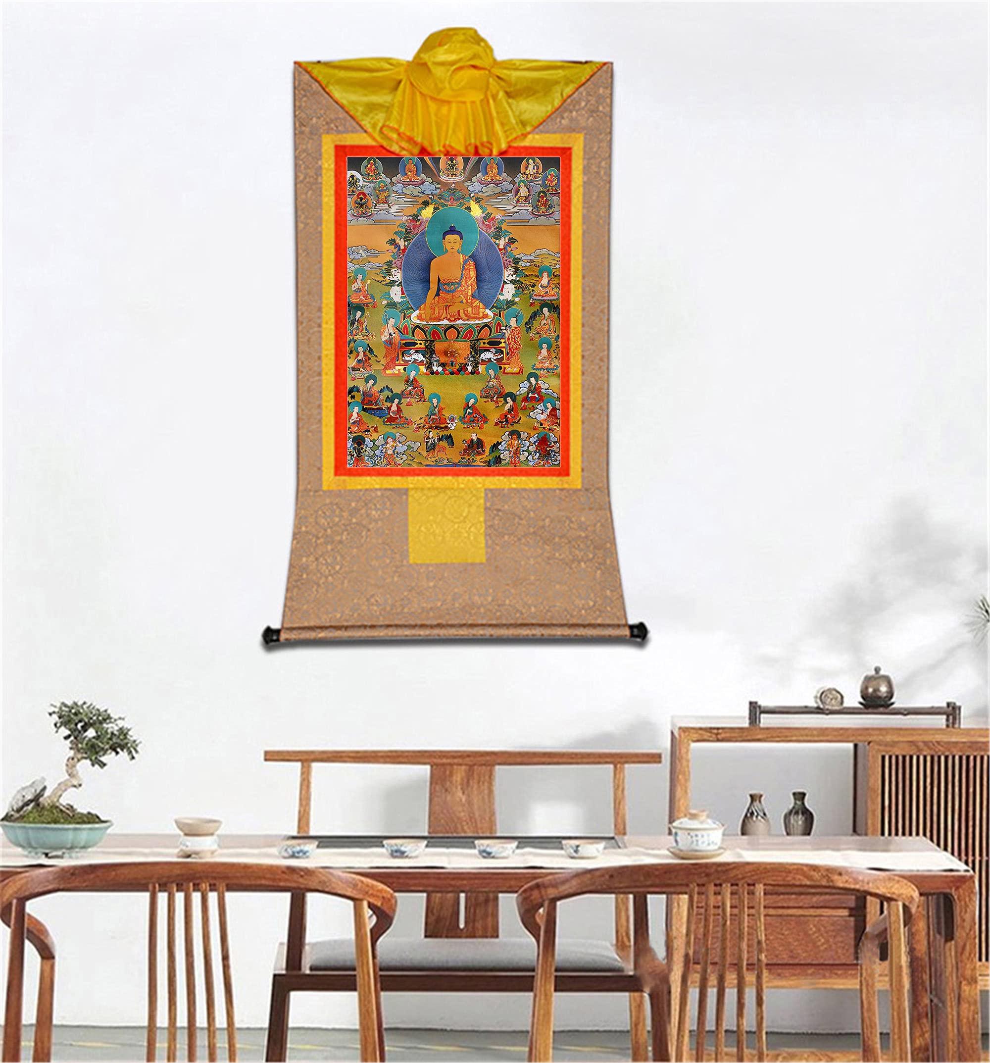 Gandhanra Thangka Tibetano - Shakyamuni e diciotto Arhat Thangka - Arazzo di Buddha a Stampa Dorata per Decorazione Zen, Meditazione, Rilassamento Spirituale e Pace