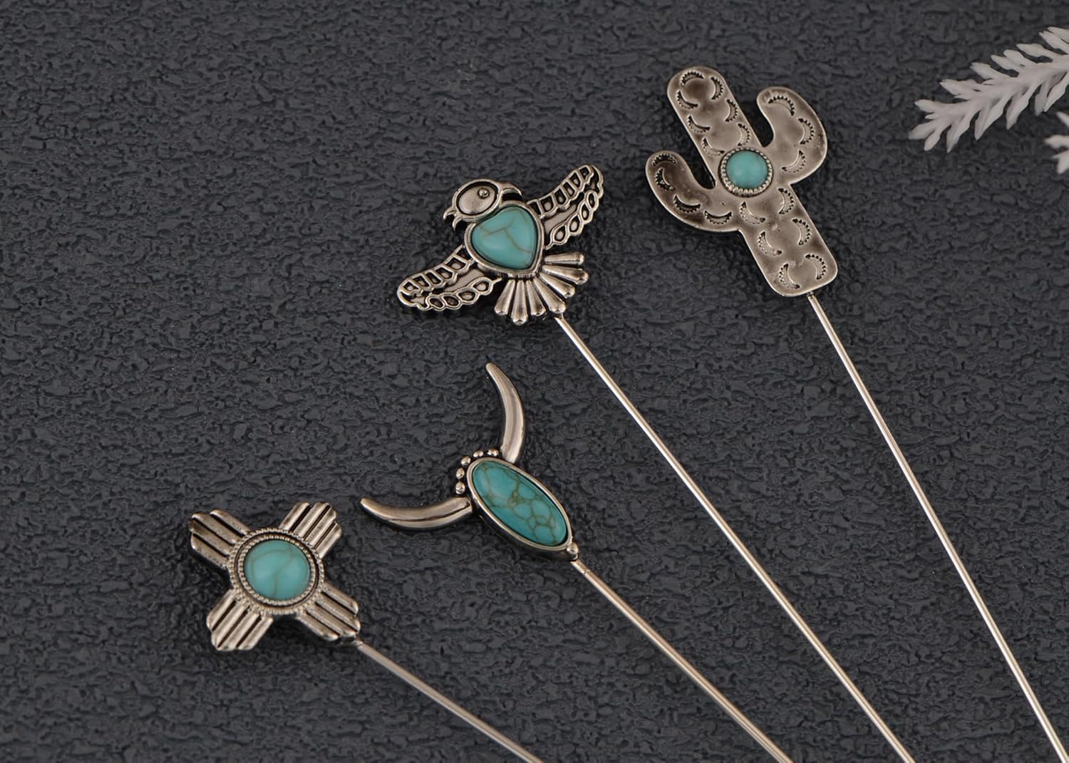 Alilang Women's Vintage Turquoise Animal and Plant Patterns Longhorn Eagle, Cactus, Cross Set Jewelry for Hats 5in, Lapel Stick Pack of 4