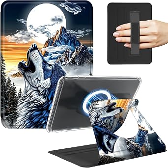 Rotating Case for 6 Basic Kindle 11th Generation 2022/2024 Release with Hand Strap,Removable Magnetic Leather Cover,360 Swivel Stand Clear Shell for Basic Kindle,Howling Wolf Moon-1 Design