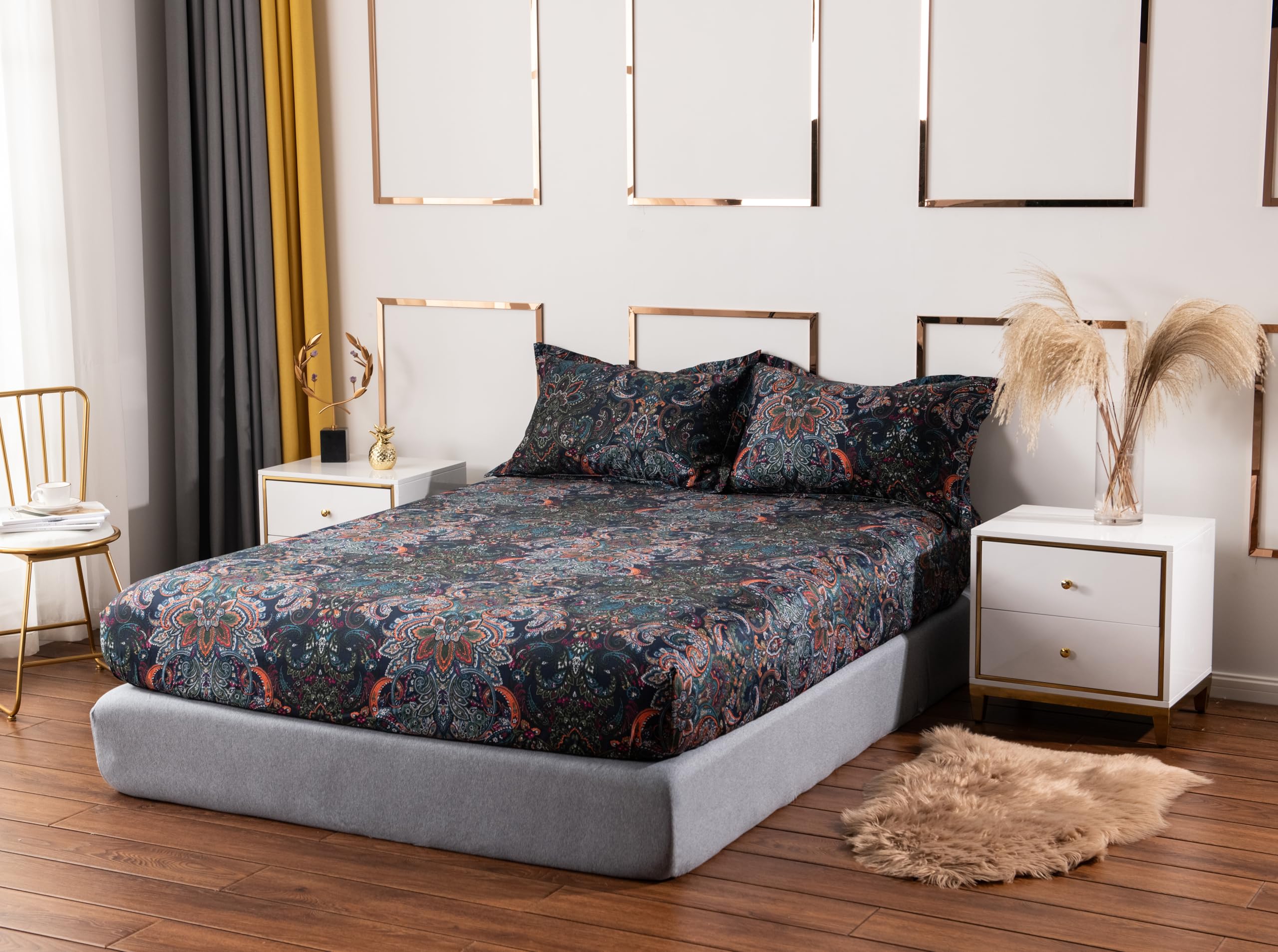 USTIDE Brushed Cotton Duvet Cover Set 4 Pieces Deep Pocket Fitted Sheet Black Damask Floral Bedding Double Size - Image 3