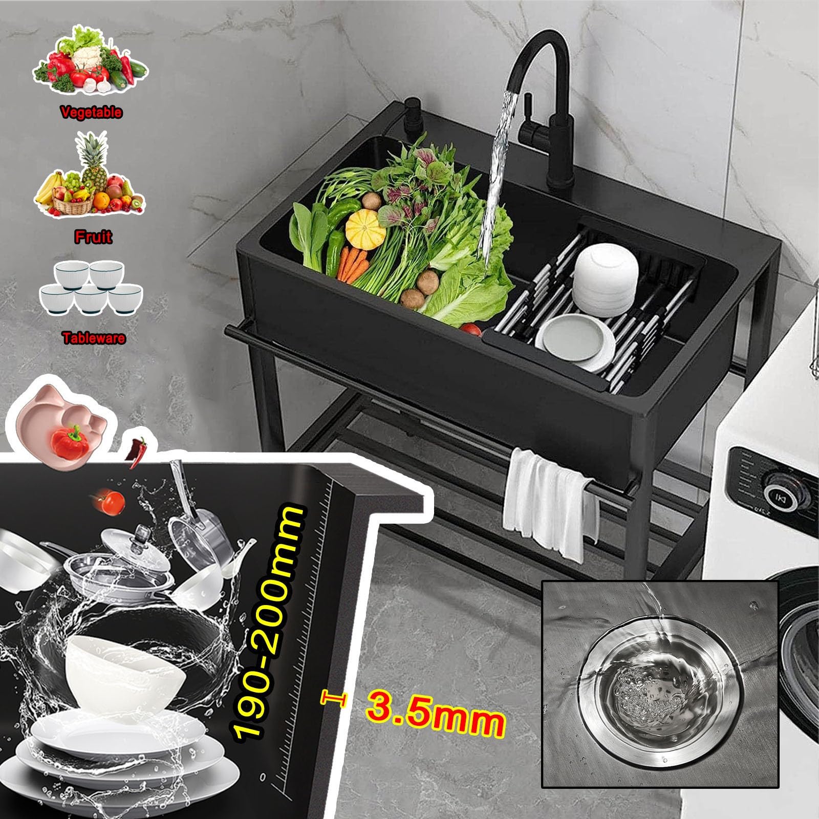 Küchenspüle Edelstahlspüle Spülbecken Freistehendes Badezimmerspüle Schwarz Wäschereispüle Set Mit 360° Drehbare Wasserhahn Und Teleskop-Abtropfgestell, Spülbecken Mit Seifenspender