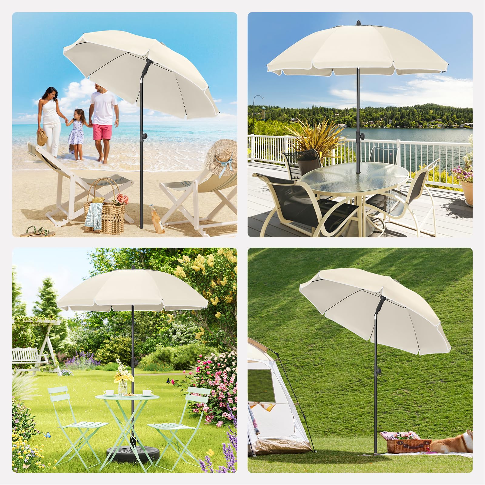 WOLTU Sonnenschirm Balkon φ155cm, UV-Schutz Strandschirm UPF 50+, Höhenverstellbar und Knickbar, Tragbar mit Tragetasche, Belüfteter Rundschirm für Balkon Garten Strand, Beige