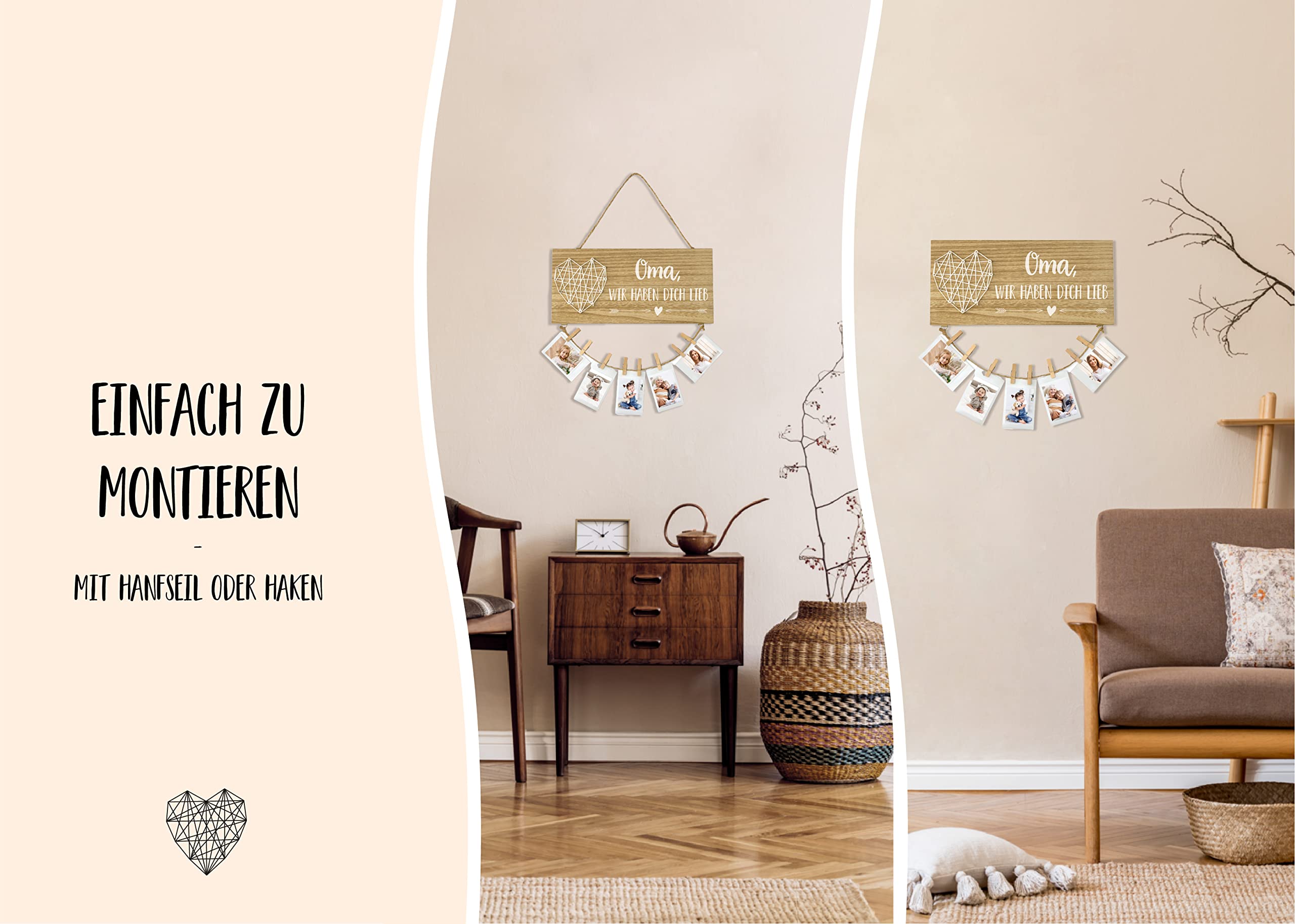 Oma wir haben Dich lieb | Oma Geschenk, Geburtstagsgeschenk | Holzschild, Fotoseil und Holz Klammern | Tolles Geschenk für Oma zum Geburtstag, Muttertag oder Weihnachten