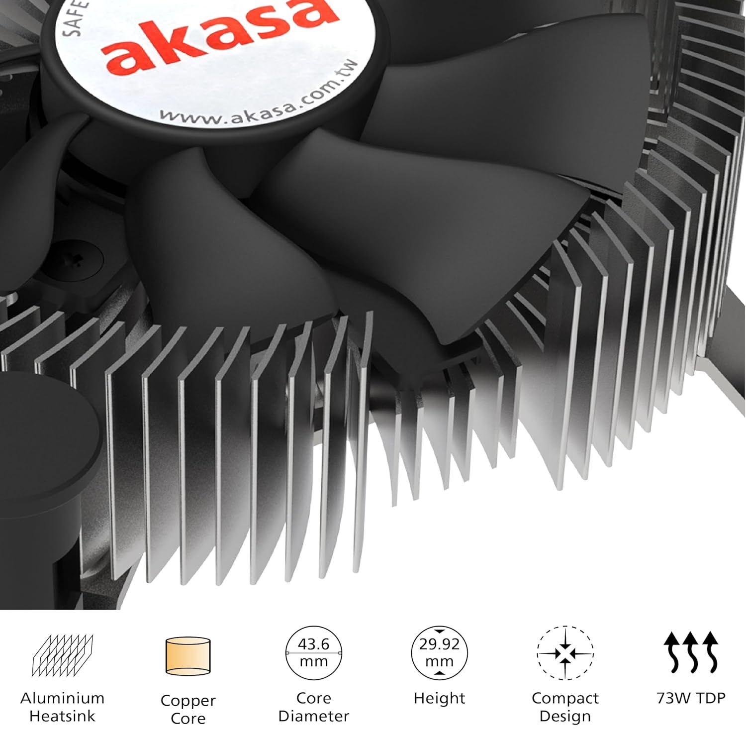 Akasa Aluminium Intel® LGA1700 Mini-ITX Cooler | Designed for Core™ i9 Processors up to 73 TDP | 74 PWM Fan | Heatsink with Copper Core | 29.92mm Low Profile | AK-CC6602HP01