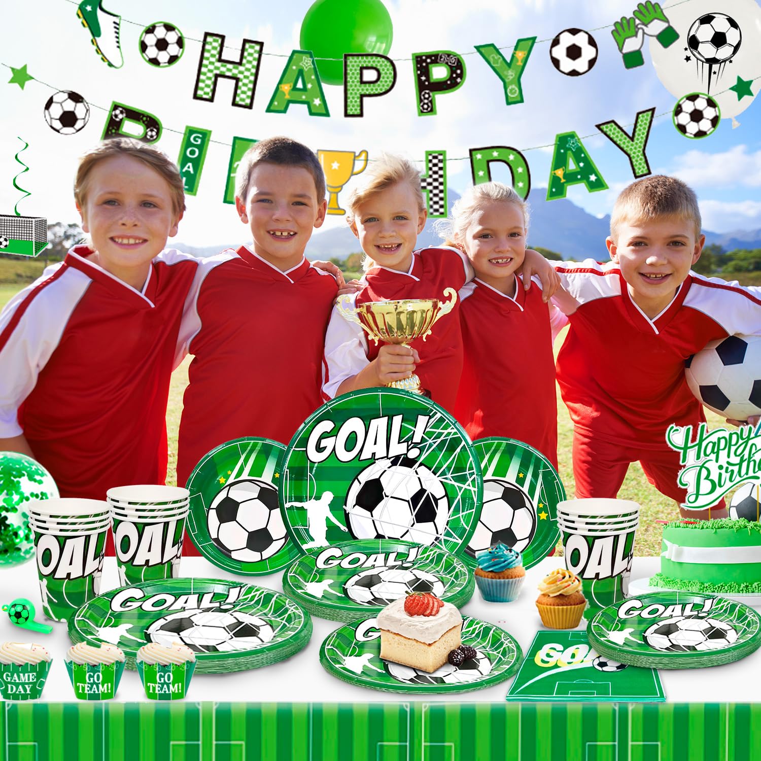 Amycute Kit Festa Compleanno Calcio – 156 Pezzi: Piatti, Tazze, Tovaglia, Palloncini E Decorazioni Per Bambini