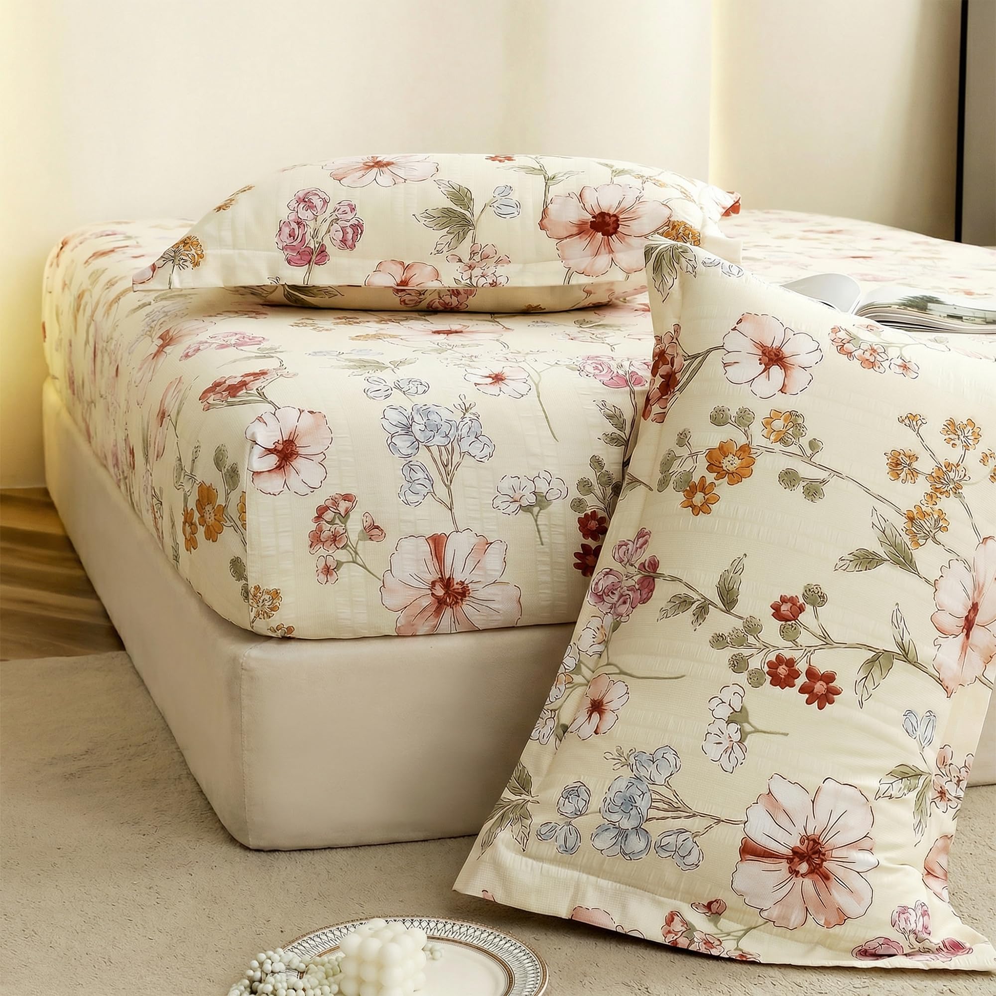 Story@Home Cloud Cotton Fitted BEDSHEET (72 X 78 Inch) 360 Elastic King Size with 2 Pillow Covers | Super Soft Bed Sheet for King Size Bed Floral Design (White, Red)-image-33