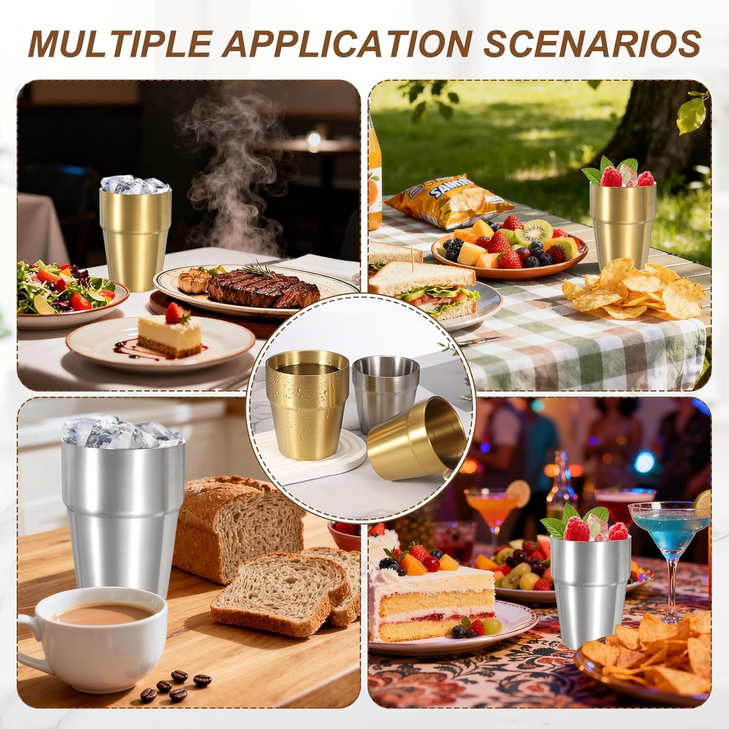 uxcell 2 Pcs Stainless Steel Cups, 10oz/300ml Metal Cups Tiered Structure Insulated Portable Stackable Drinking Tumblers for Home Restaurant Outdoor Travel Camping, Gold - Image 6