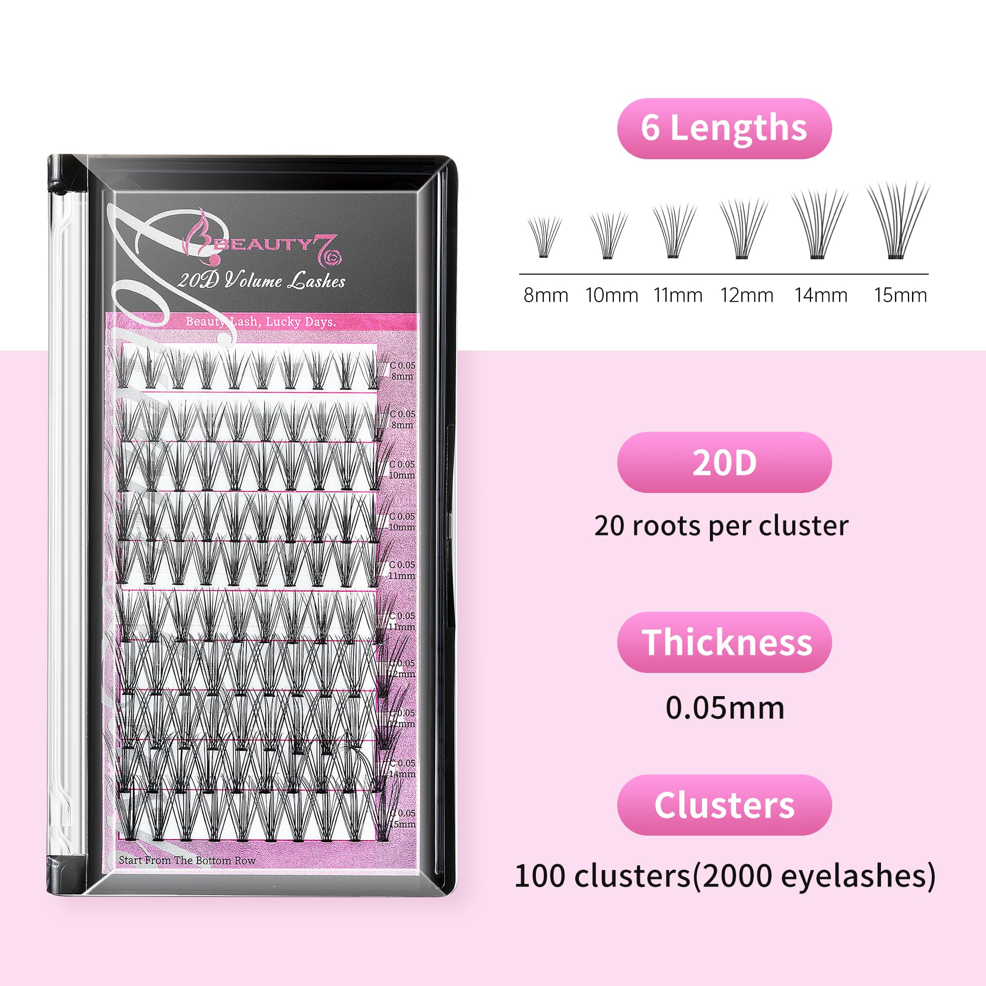 Beauty7 Cluster Lashes DIY Eyelash Extension 20D Individual Black Lash Extensions Soft Lightweight Eyelash Clusters Pre Made Volume Lashes Makeup C Curl 0.05mm Mixed length 8-15mm