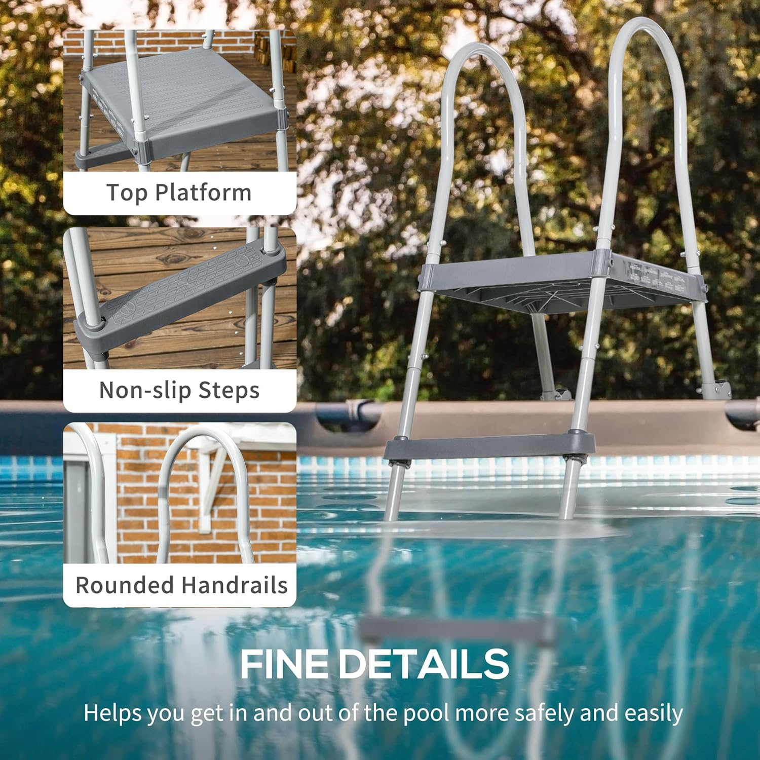 Outsunny 70" Above Ground Swimming Pool Ladder, A-Frame Deck Ladder with Top Platform, Non-Slip Steps & Rounded Handrails for 48" Pool Wall Height, Gray