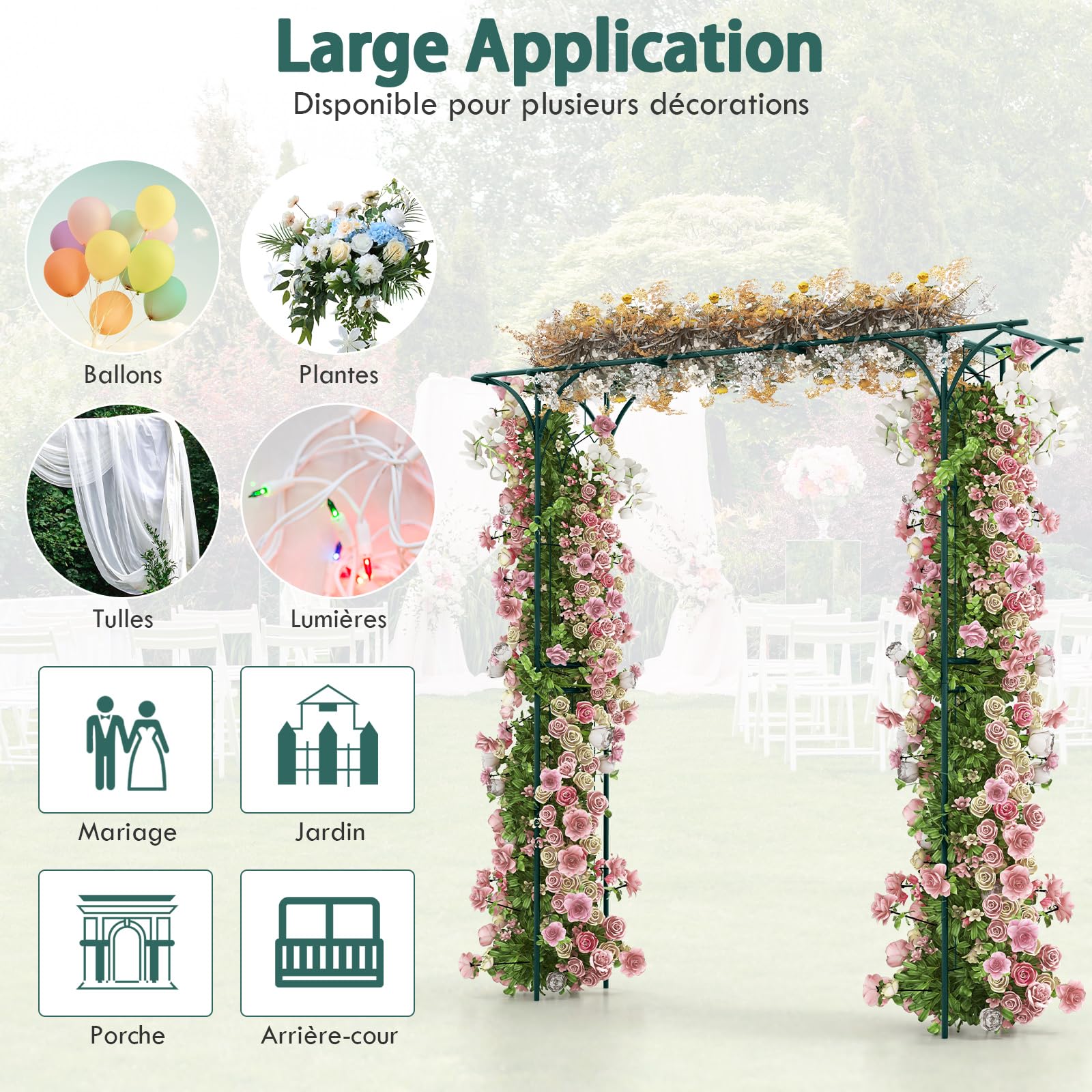 GOPLUS Arche de Jardin en Fer Forgé 205 cm, Treillis pour Diverses Plantes Grimpantes, Arche de Décoration Intérieure et Extérieure pour Cérémonie, Mariage, Jardin, 205 x 52 x 205 cm