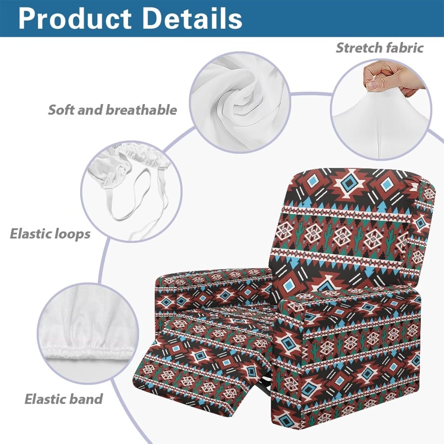 Recliner Chair Covers 4 Pieces Covers for Electric Power Lift Reclining Chair Single-Seater Furniture Protector Washable Armchair Protective, Native Aztec