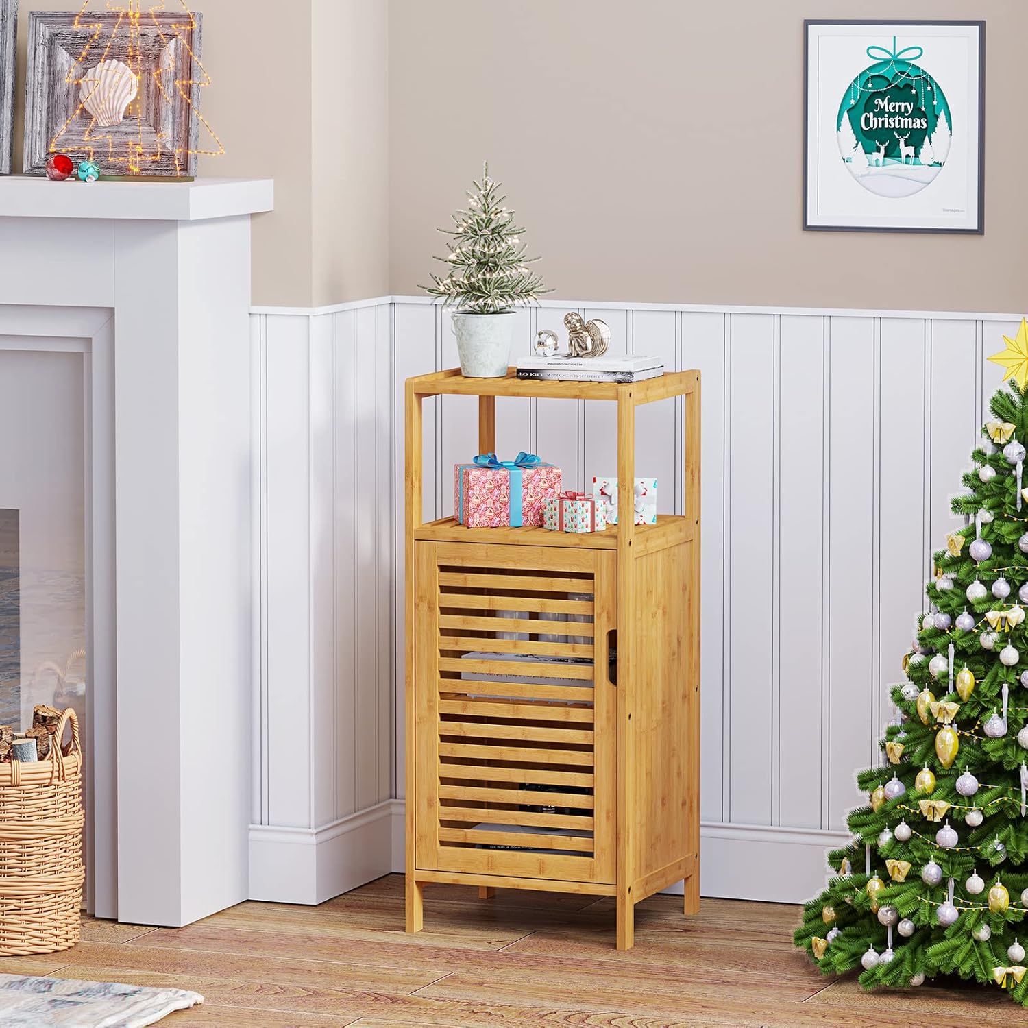 VIAGDO Bamboo Cabinet, Bathroom Storage Cabinet with Single Door and Shelf, Freestanding Bathroom Cabinet, Kitchen Cupboard, Sofa Side Table for Living Room/Hallway/Kitchen