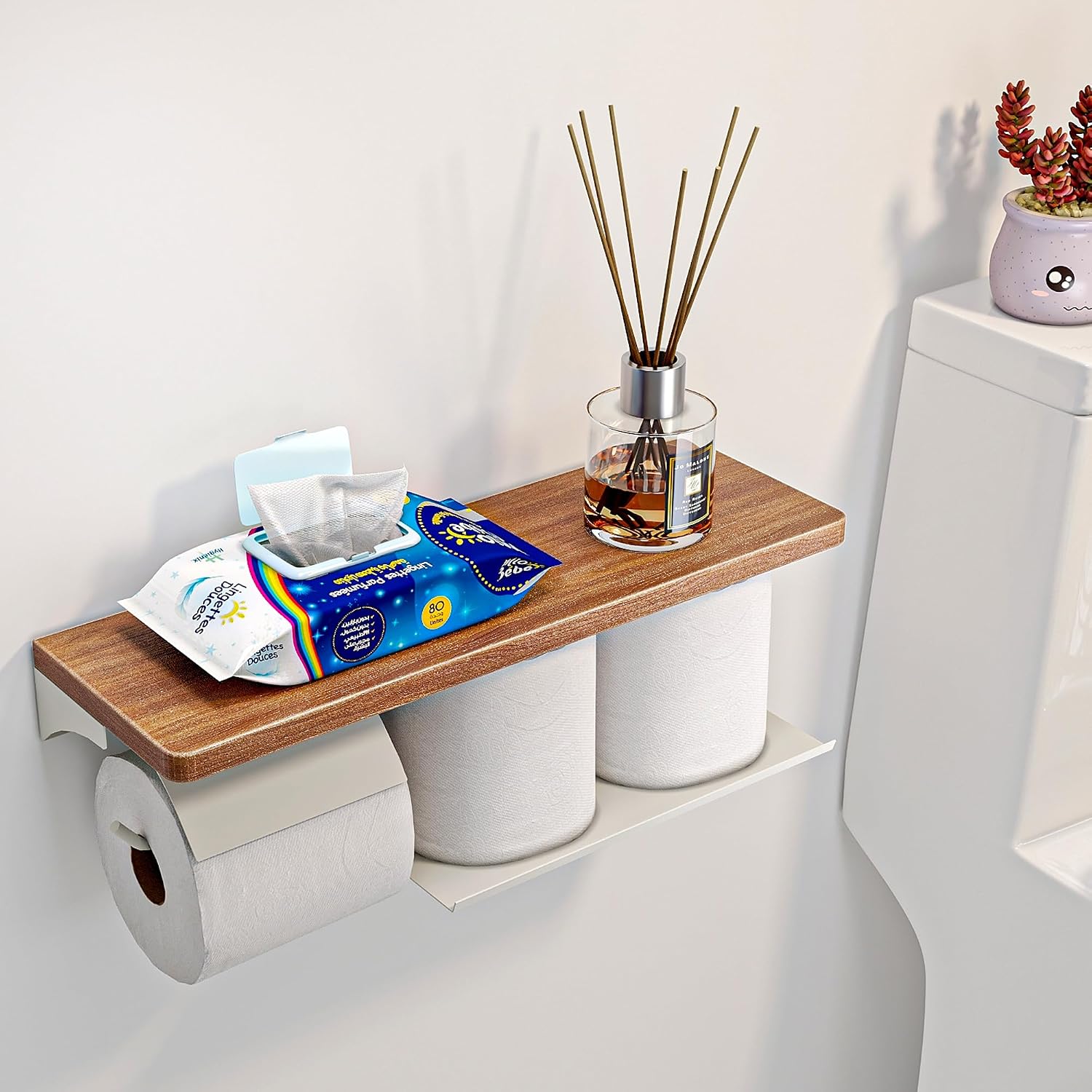 Wall Mounted Double Roll Toilet Paper Holder with Shelf Storage,White image 5