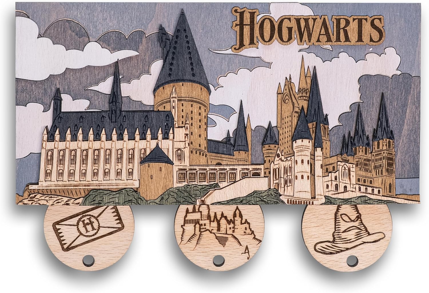 Hogwarts Magnetic Key Holder - Harry Potter 3D Key Holder with Magnetic Keychains - Unique Collectible Wooden Keyholder, Home Decor for Harry Potter Fans (Day Edition, M, 3 Keychains)