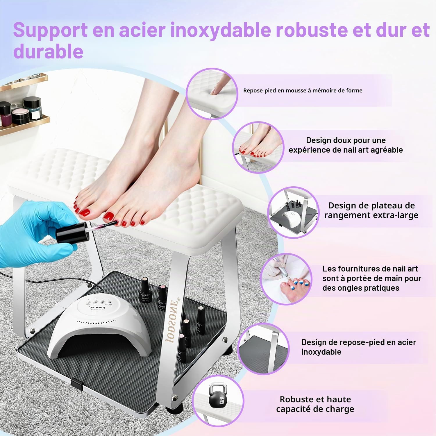 JODSONE Repose-Pieds Pour Pédicure et Manucure : Coussin de Manucure Doux Avec Support Amovible en Acier Inoxydable et Base de Rangement Antidérapante, Adapté à Un Usage en Salon et à Domicile