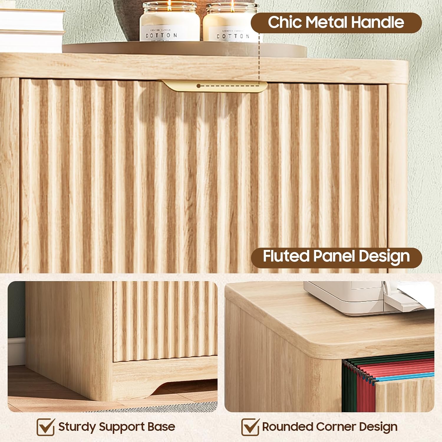 Halitaa 2 Drawer Small File Cabinet, Fluted Vertical Filing Cabinet Fits Letter and A4 Size, Under Desk Wooden File Cabinets for Home Office, Printer Stand, Natural Oak