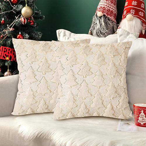 Miniatura 8 de Juego de 2 fundas de almohada de Navidad de 18 x 18 pulgadas, fundas de cojín de piel sintética suave para árbol de Navidad para sofá, sofá o Rojo