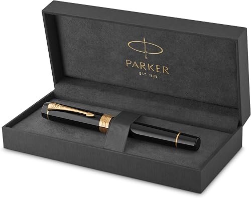 Parker Duofold Centennial fountain pen in classic black with gold trim and solid gold nib