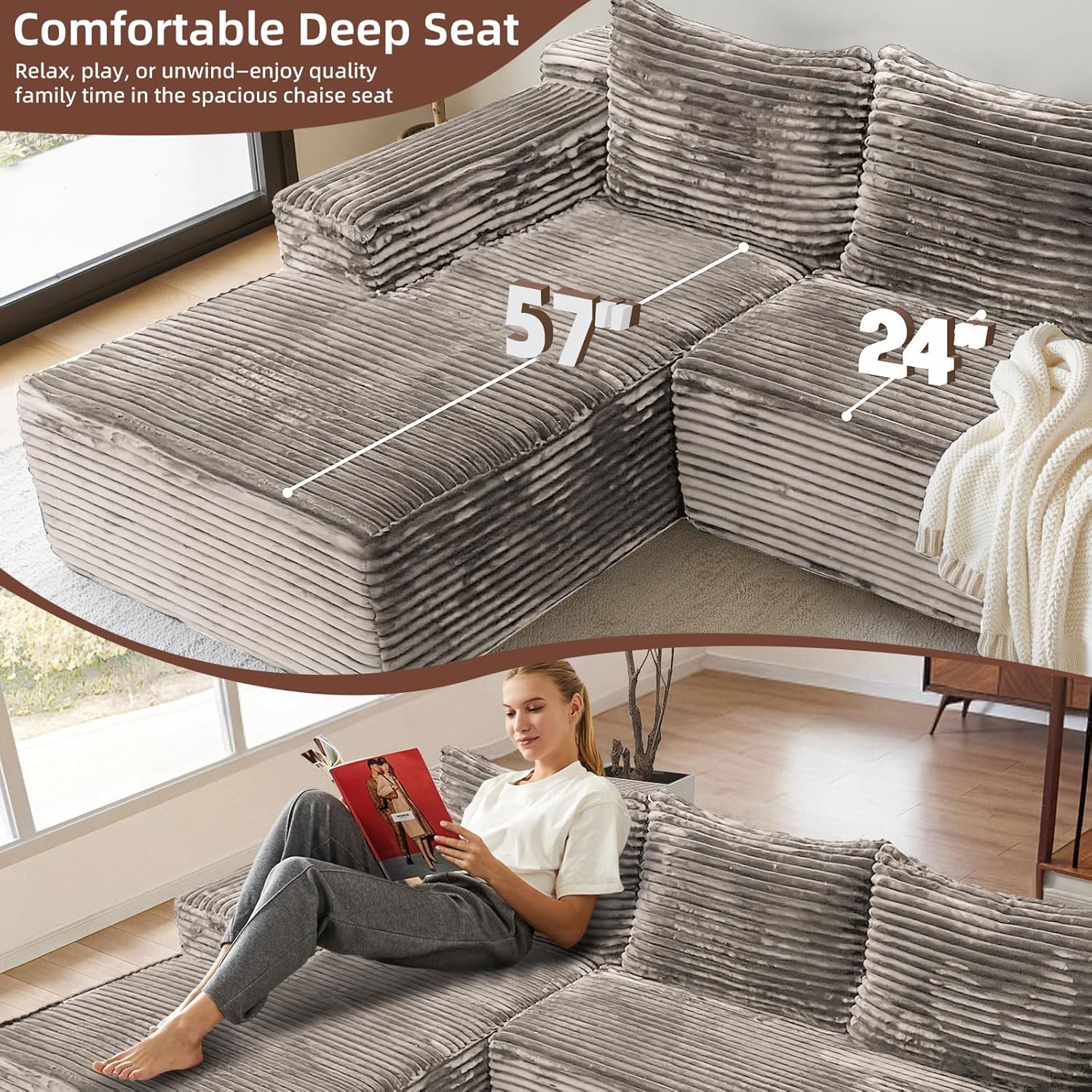 106'' Modular Sectional Sofa, U Shaped Boneless Cloud Couch with Chaise and Ottoman, 4-in-1 Flexible Combination Faux Rabbit Fur & Layered Cushion Deep Seat for Living Room, No Assembly Camel