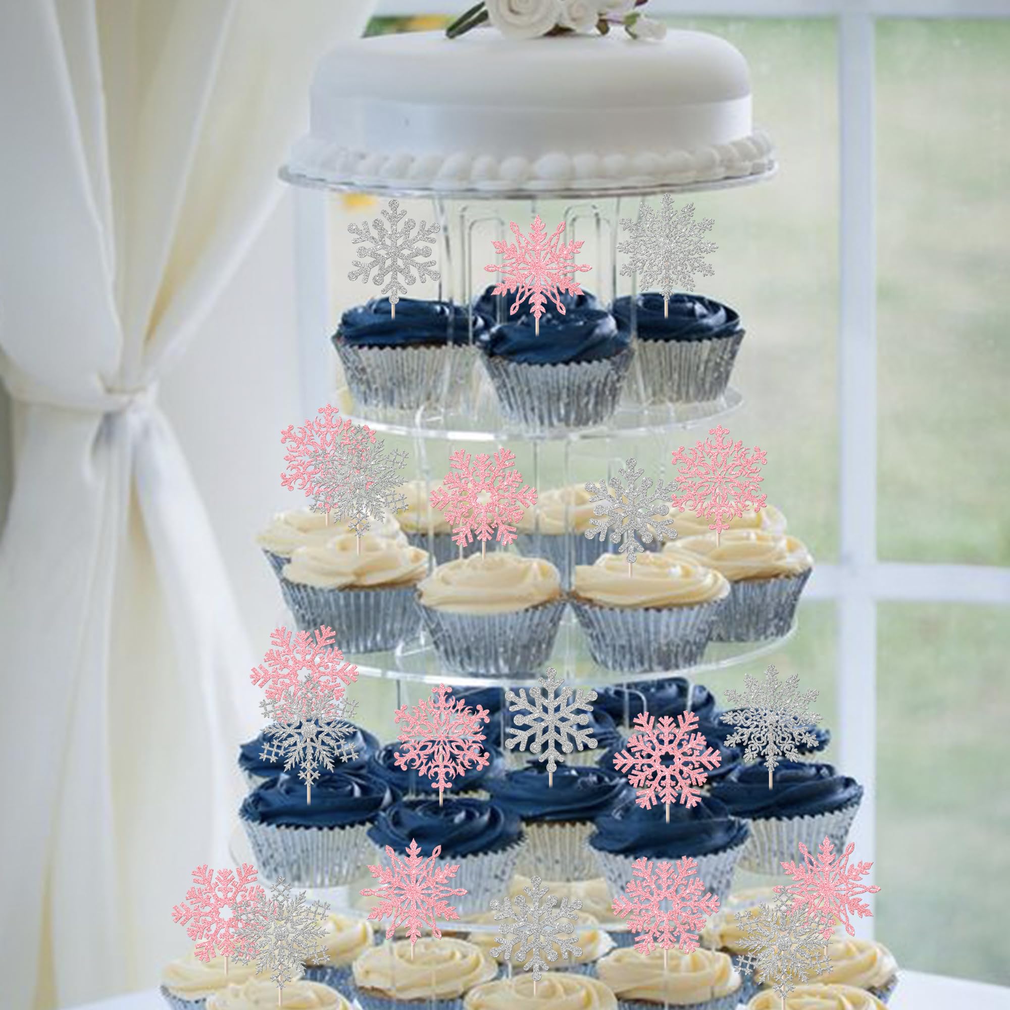 24 Stück Schneeflocken-Cupcake-Topper – Blau Glitzernd, Für Winter- & Weihnachtspartys