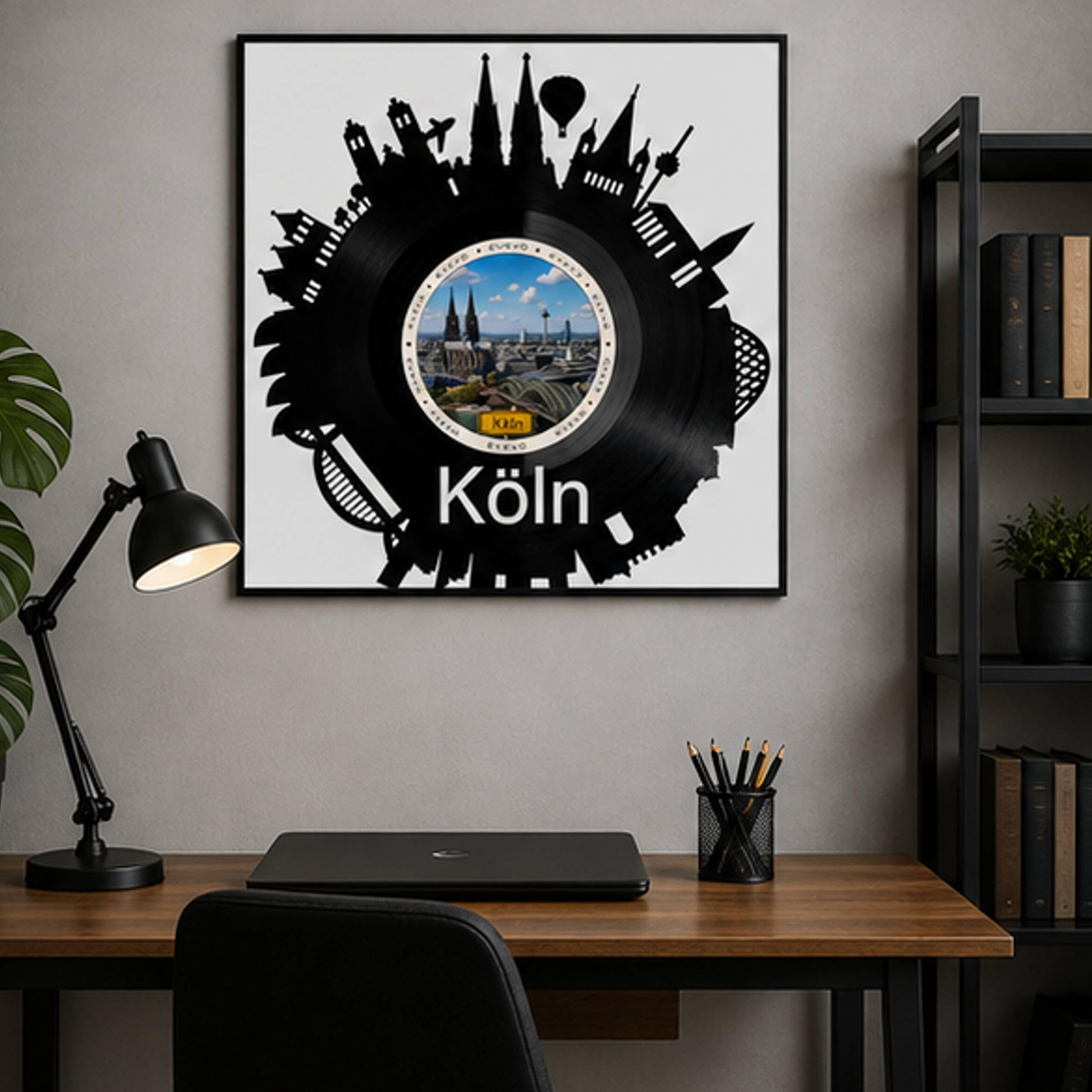 EVEVO Decorazione da parete in vinile con cornice, 32 x 32 cm, Colonia – Decorazione da parete in vinile con skyline di Domstadt, regalo per gli appassionati di Colonia e Renania