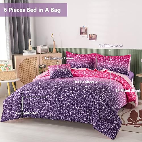 Miniatura 2 de PERFEMET Juego de edredón morado tamaño matrimonial  Juego de ropa de cama de 6 piezas colorido arcoíris para niñas  Cama brillante pastel degradado