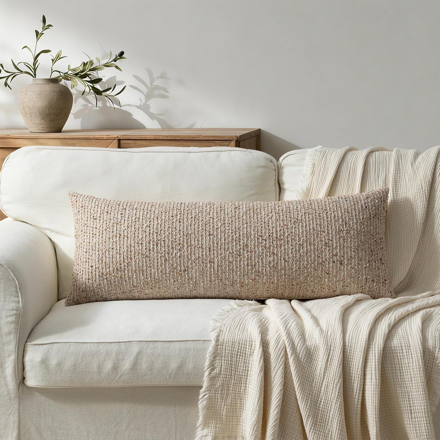 14x36 Beige Decorative Body Pillow Cover for Bed Textured Boucle Striped Chic Morden Boho Accent Farmhouse Rectangular Long Lumbar Throw Pillow Case for Bedroom Living Room Home Decor Couch Sofa