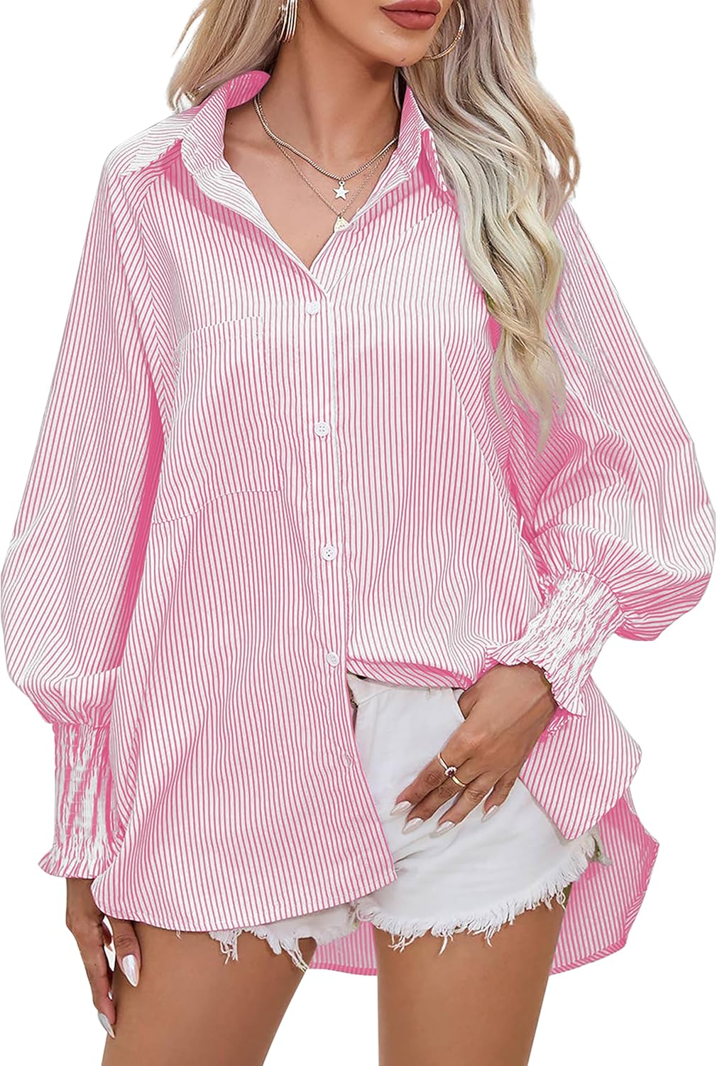 Women's Wrinkle-Resistant Smocked Cuffed Striped Button Shirt with Pocket Oversized Casual Boyfriend Blouse - Image 2