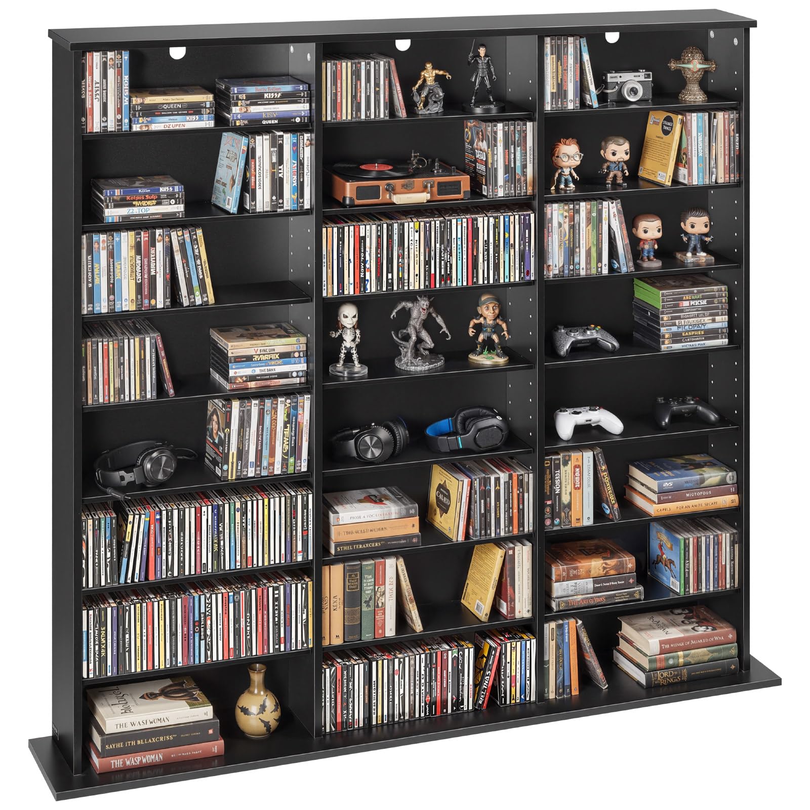 VEVOR Media Storage Cabinet, 8-Tier DVD Shelf Organizer, 55.91 x 8.66 x 51.18 in Multimedia Storage Organizer for CDs, DVDs, Books & Games, CD Shelf for Living Room, Home Office, Recording Room, Black - 1