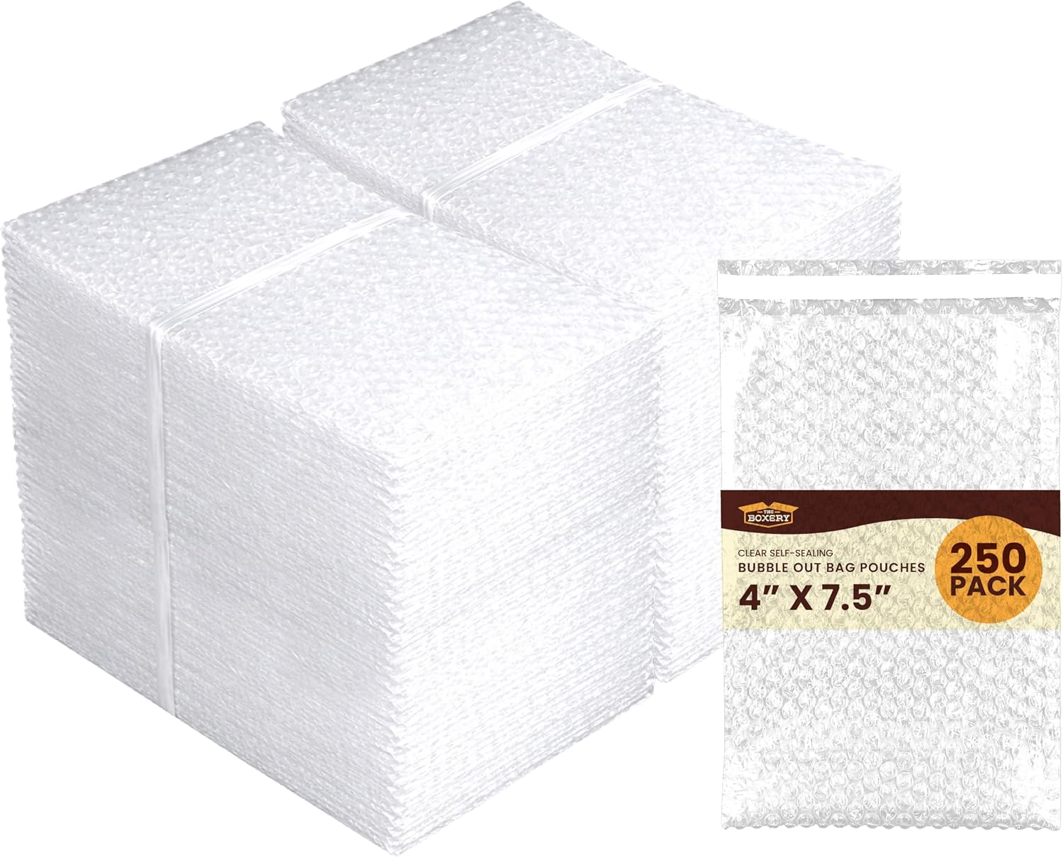 The Boxery 4x7.5" Clear Self-Sealing Bubble Out Bag Pouches -250 Pack- Bubble Cushion Wrap Bags for Packing, Storage, Moving, and Shipping fragile items