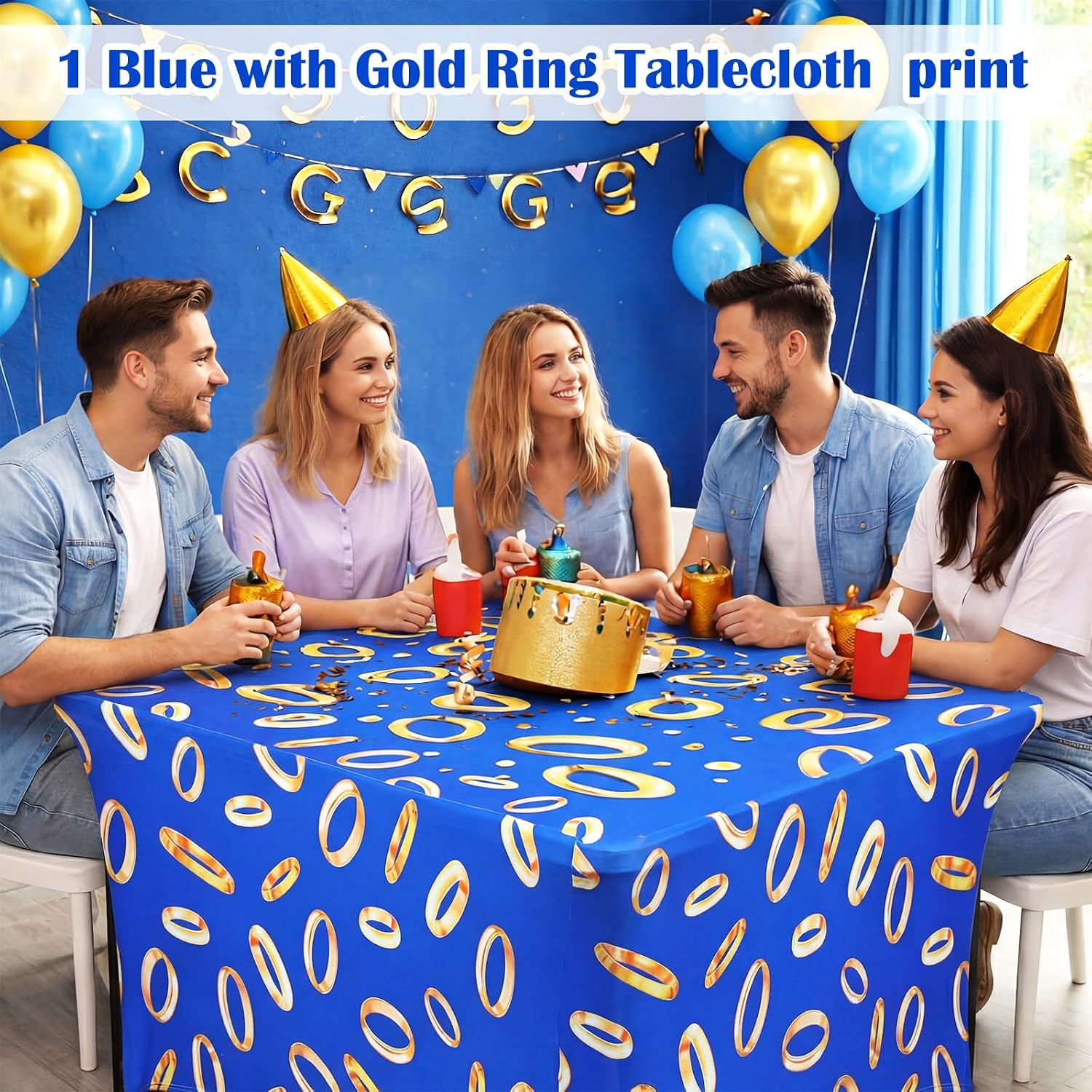 Frienda Blue with Gold Ring Print Tablecloth Spandex Stretch 71 x 30'' Cartoon Theme Tablecloth Rectangle Table Cover for Video Games Birthday Party Decorations Supplies image 4